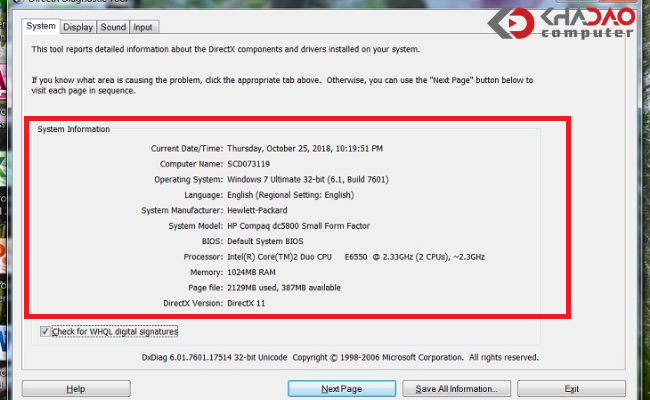 Kiểm tra máy tính bằng lệnh Dxdiag